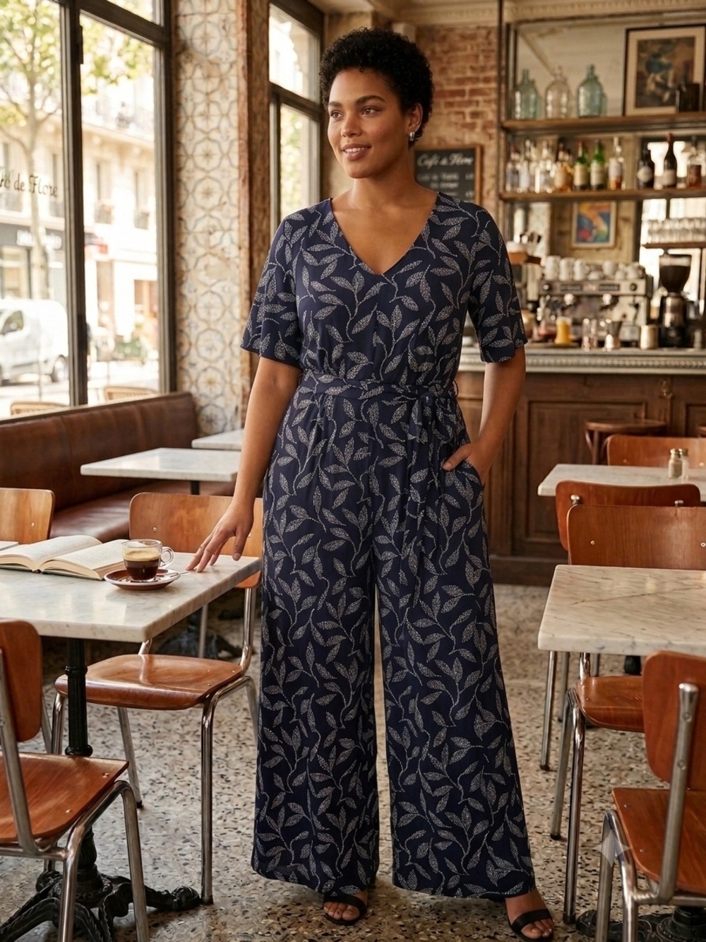 Navy Leaf-Print Wide-Leg Jumpsuit